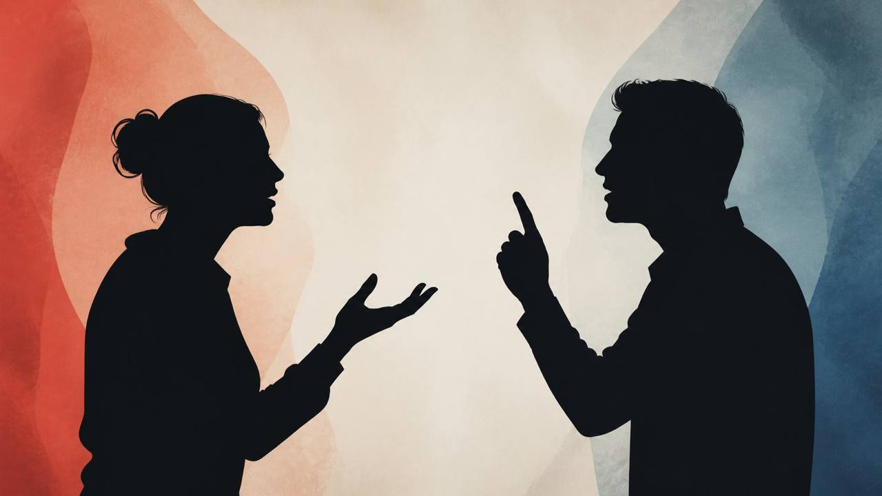 兩名持不同立場的人以剪影呈現,面對面辯論